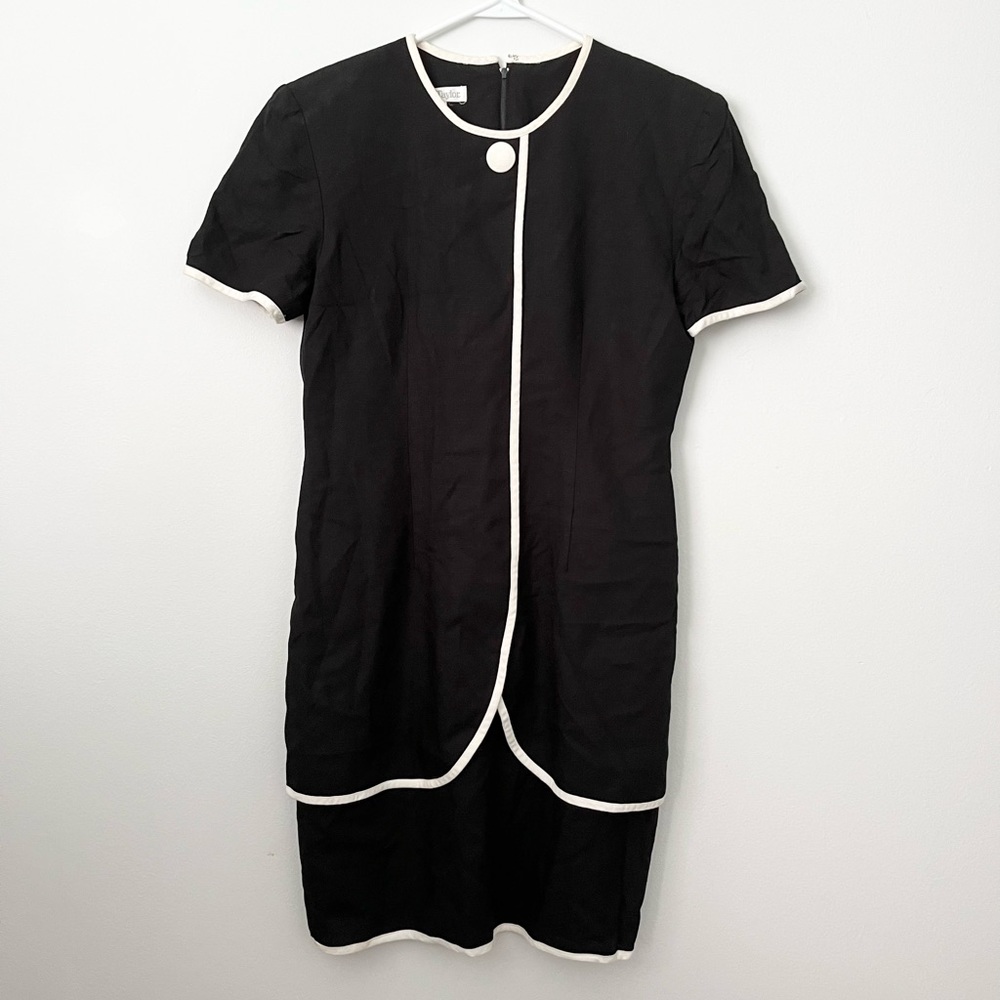 Vintage Anne Taylor Linen Black White 80s Faux Layered Mod Dress Shoulder Pads 8